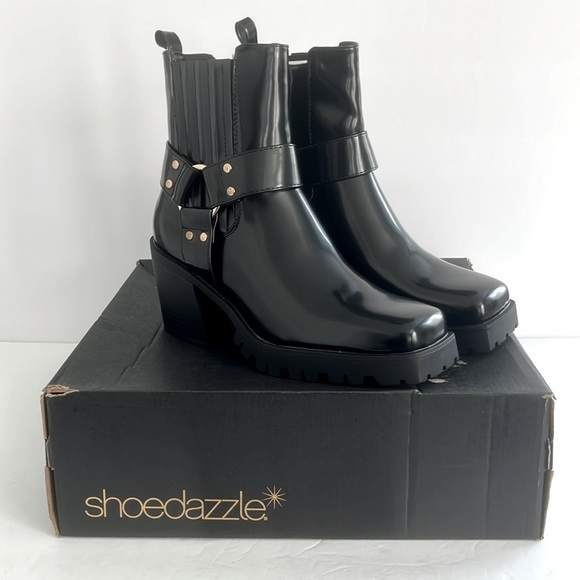 SHOE DAZZLE Black Ankle Boots Buckle Detail Lug Sole Moto Combat Shoes Size 9.5 - Picture 13 of 13
